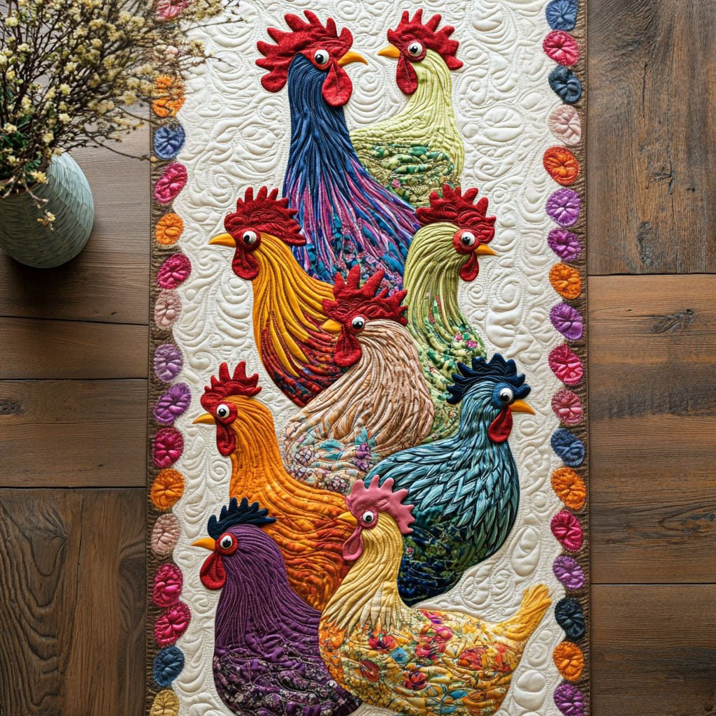 Colorful Roosters with Floral Border Table Runner - Made to Order TABLE928