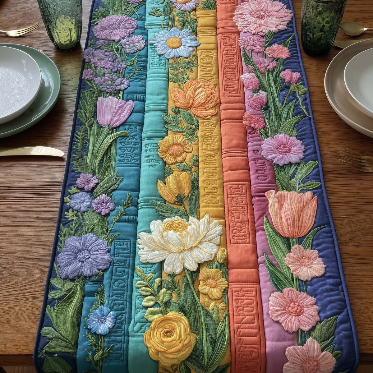 Colorful Books with Spring Blooms Table Runner - Made to Order TABLE928