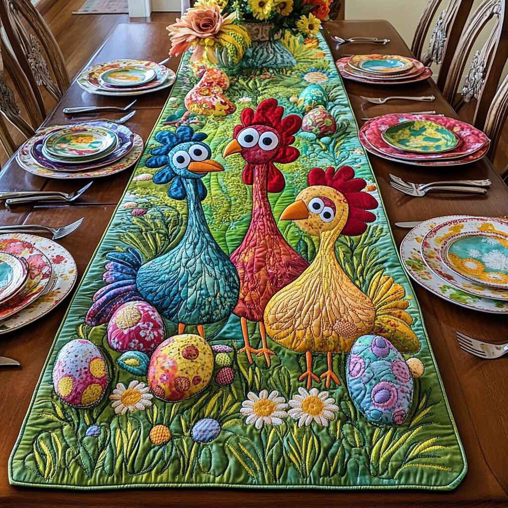 Colorful Roosters in the Egg Garden Table Runner - Made to Order TABLE928