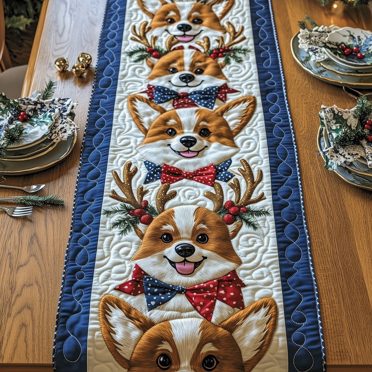 Corgis in Bow Ties on Blue Table Runner - Made to Order TABLE928