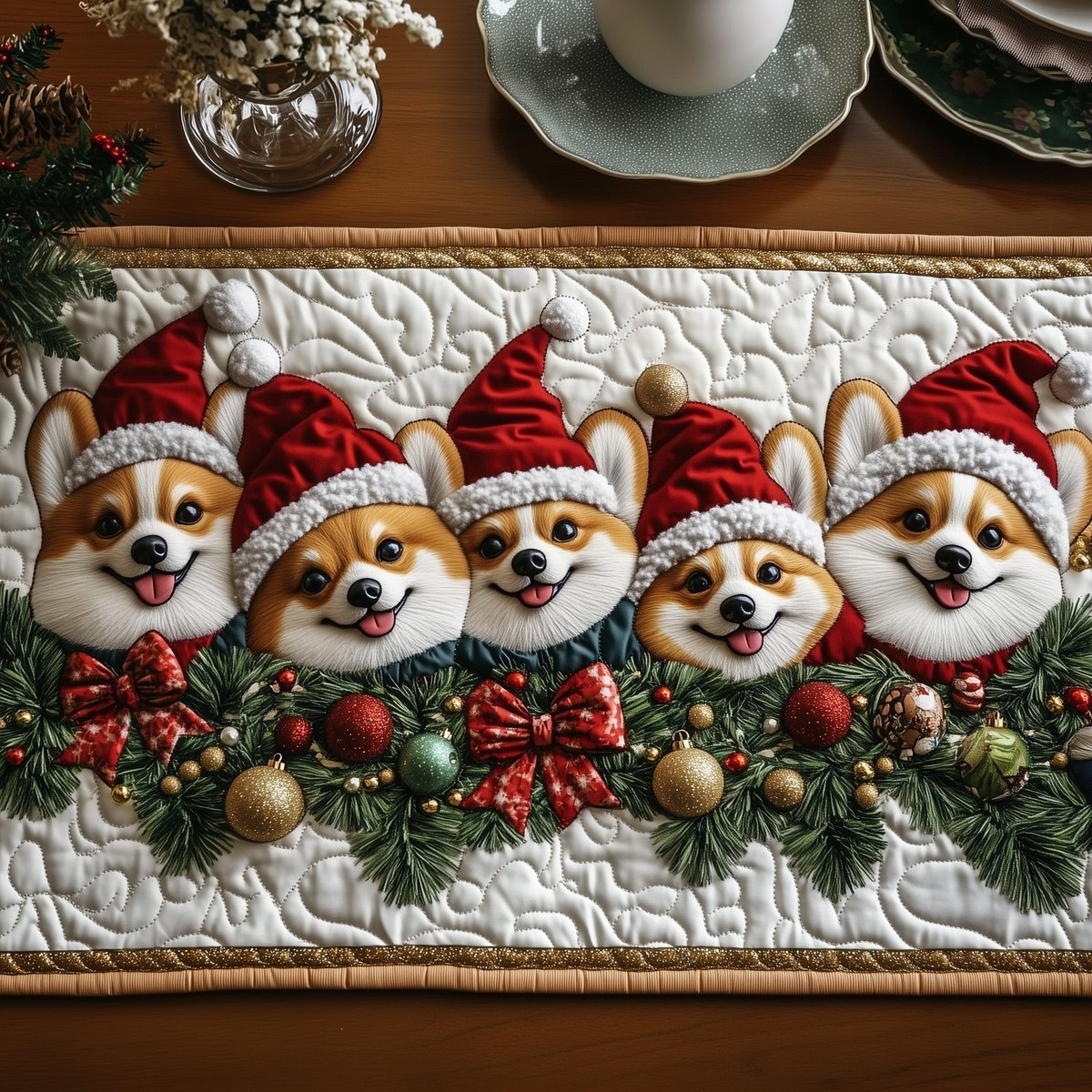 Corgis in Santa Hats with Bow Table Runner - Made to Order TABLE928