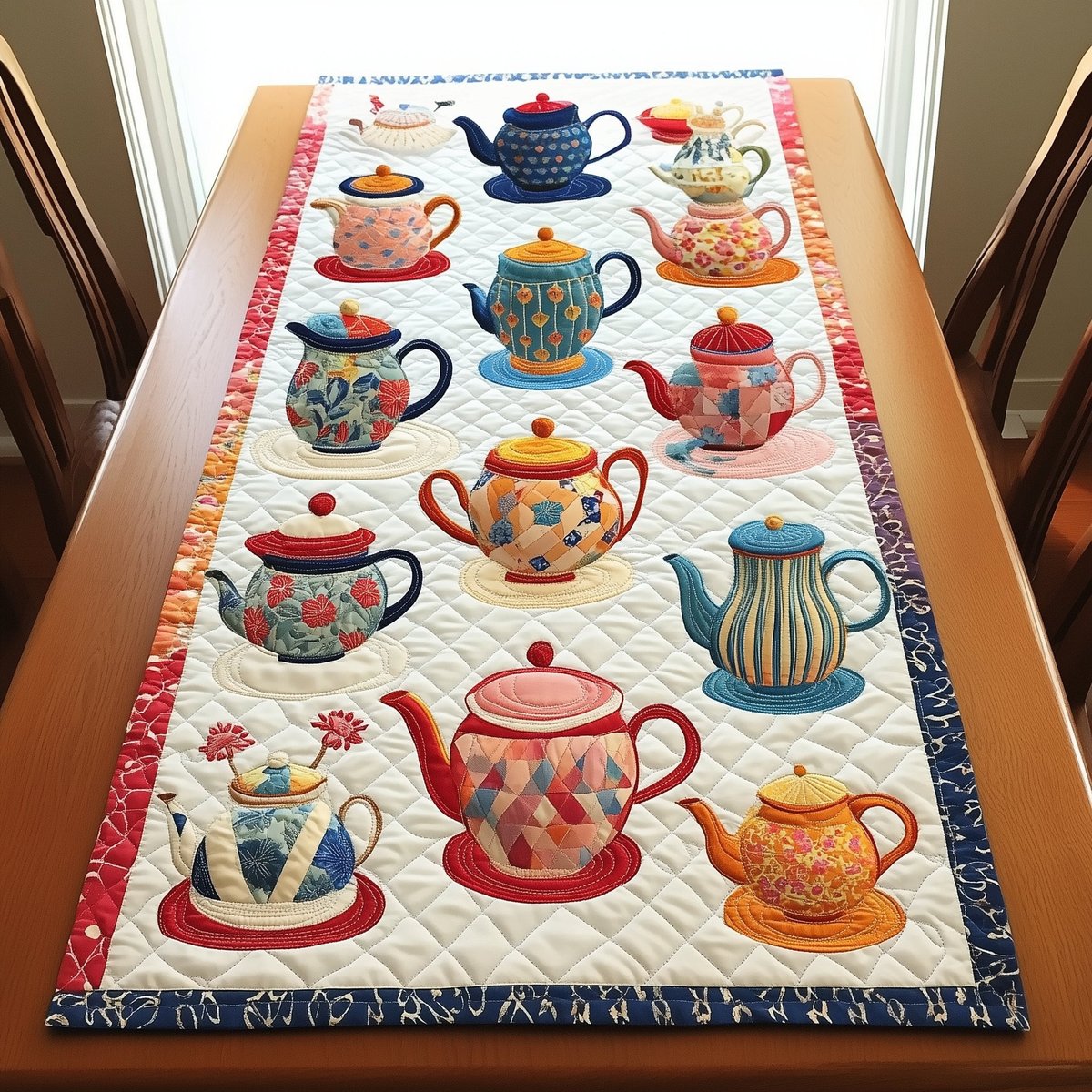 Colorful Teapots on Cream Table Runner - Made to Order TABLE928