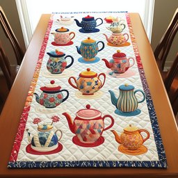 Colorful Teapots on Cream Table Runner - Made to Order TABLE928