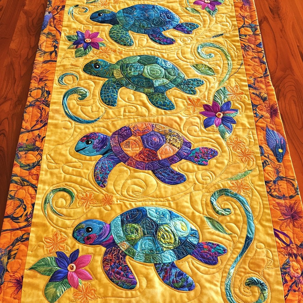 Colorful Turtles on Yellow Table Runner - Made to Order TABLE928