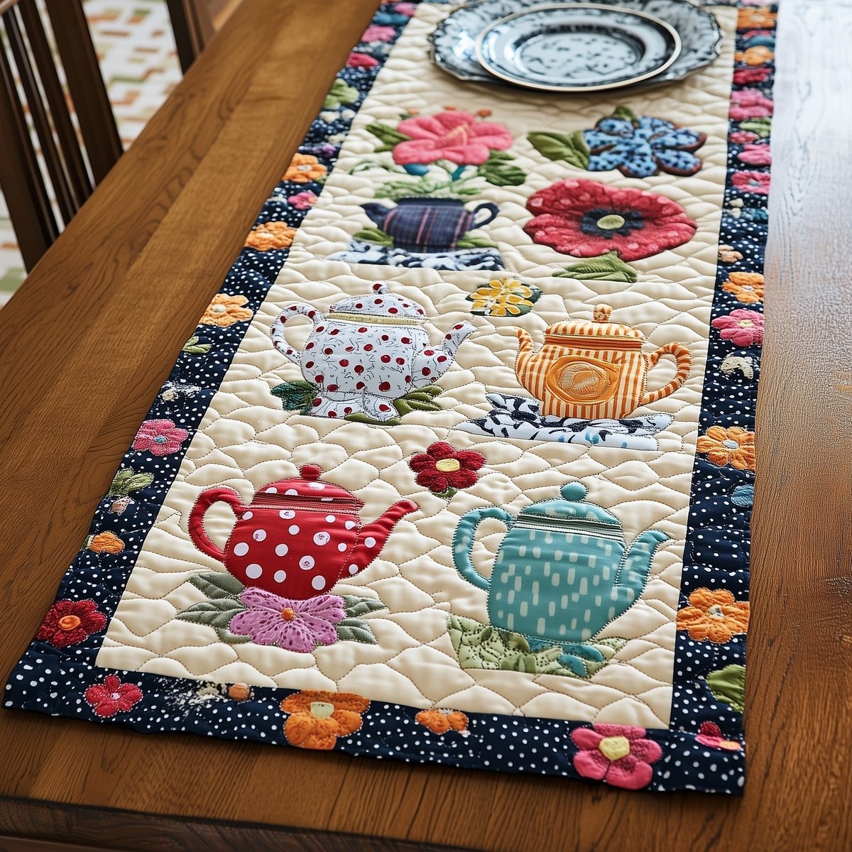 Colorful Teapots with Flower Border Table Runner - Made to Order TABLE928