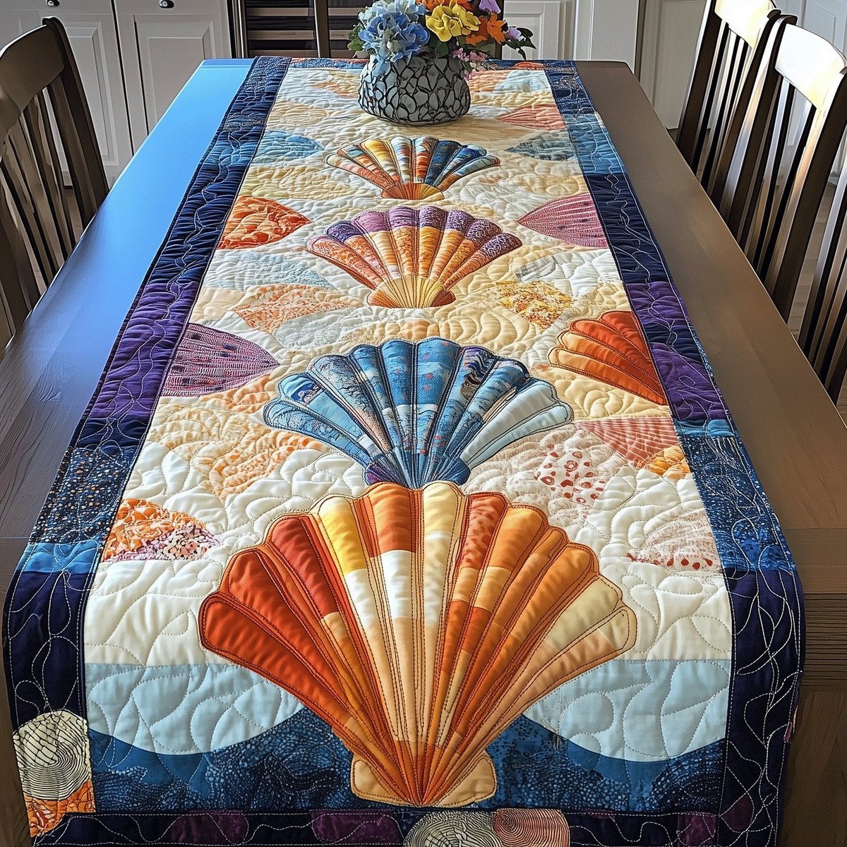 Colorful Fan Shells on Cream Table Runner - Made to Order TABLE928