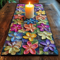 Colorful Plumeria on Dark Patchwork Table Runner - Made to Order TABLE928