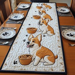 Corgi with Food Bowl on White Table Runner - Made to Order TABLE928