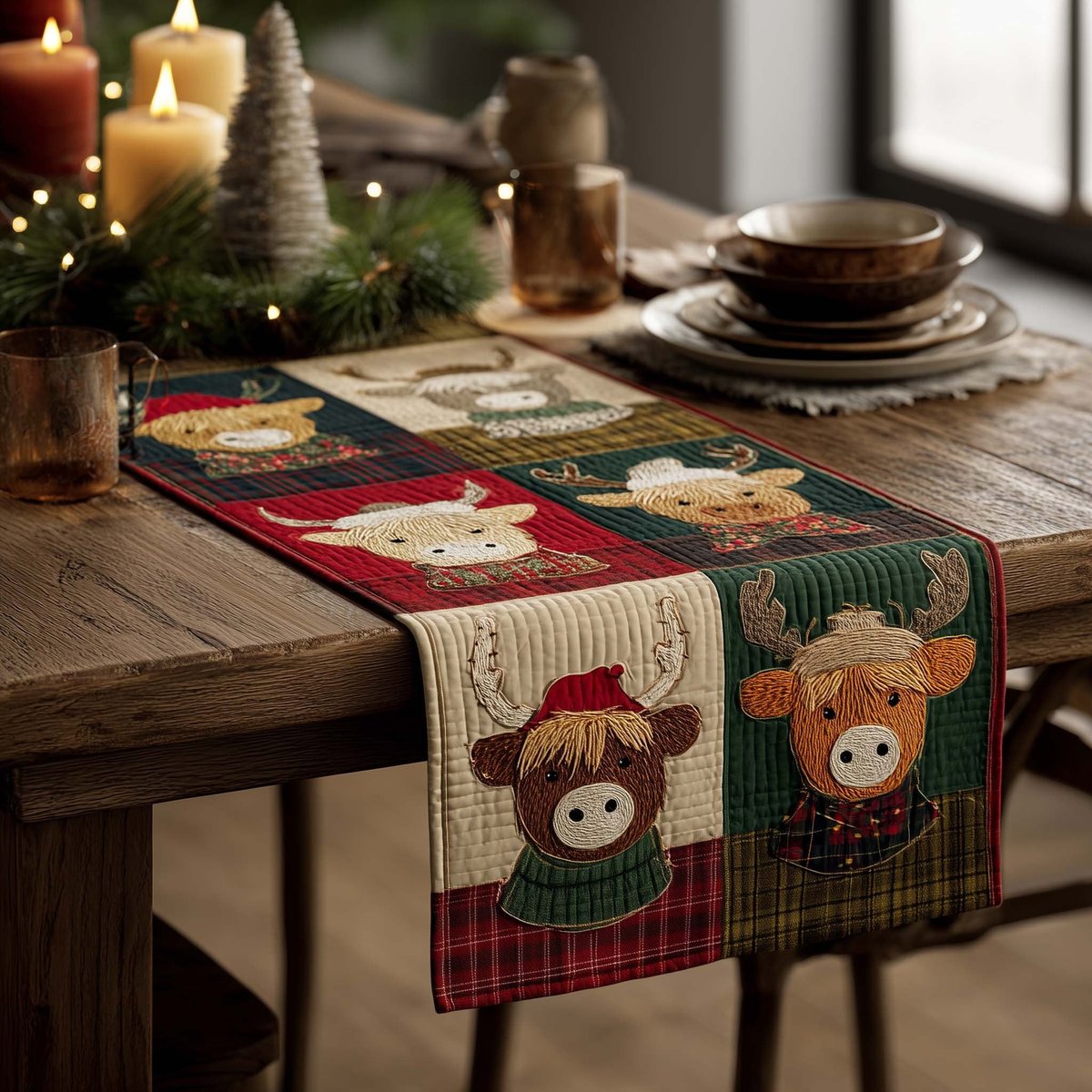 Cows in Santa Hats on Plaid Table Runner - Made to Order TABLE928
