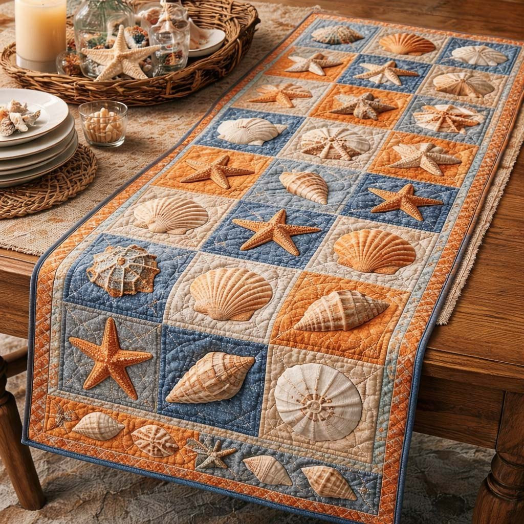 Coral and Blue Shell Blocks Table Runner - Made to Order TABLE928