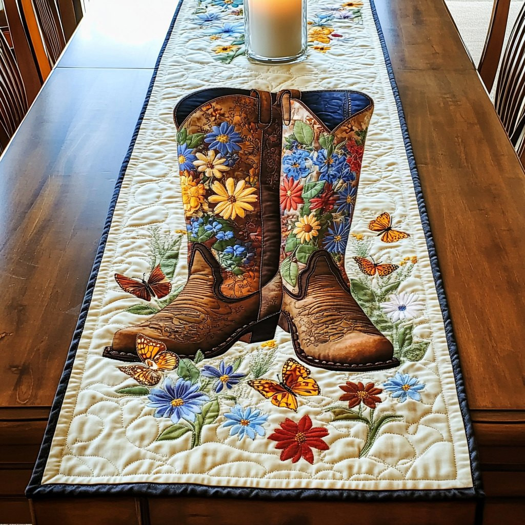 Cowboy Boots with Wildflowers Table Runner - Made to Order TABLE928