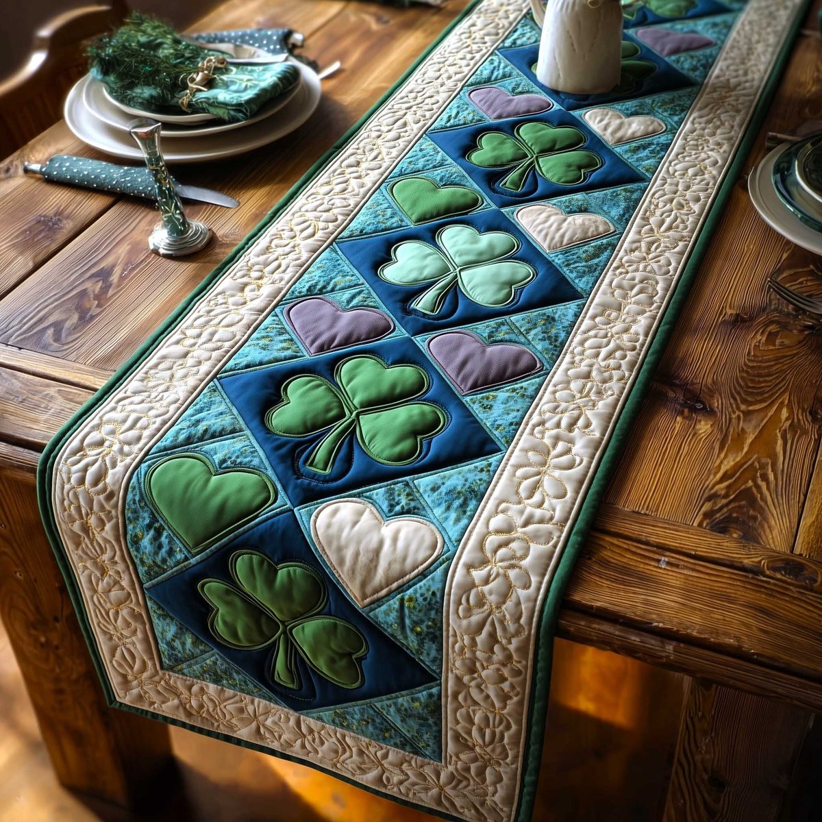Clover Hearts on Blue Squares Table Runner - Made to Order TABLE928