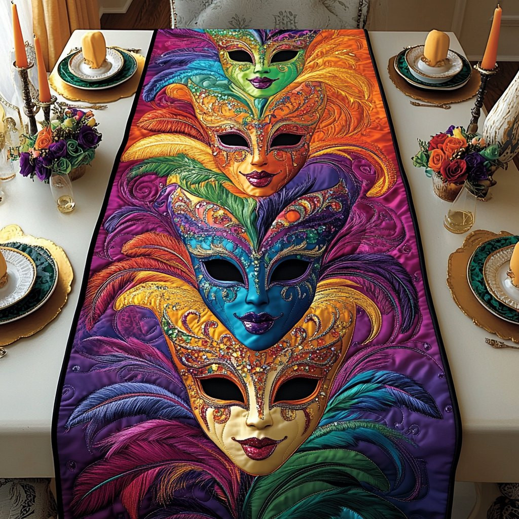 Colorful Carnival Masks with Feathers Table Runner - Made to Order TABLE928