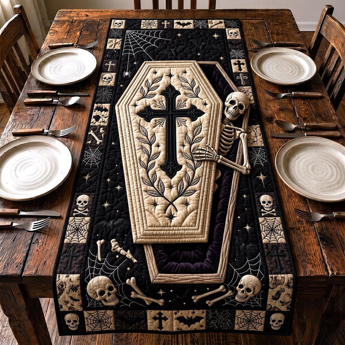 Coffin with Cross and Skeleton Table Runner - Made to Order TABLE928