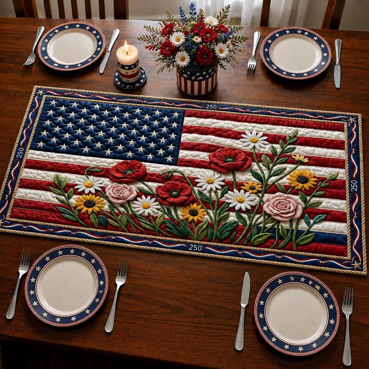 Classic America Flag Florals Table Runner - Made to Order TABLE928