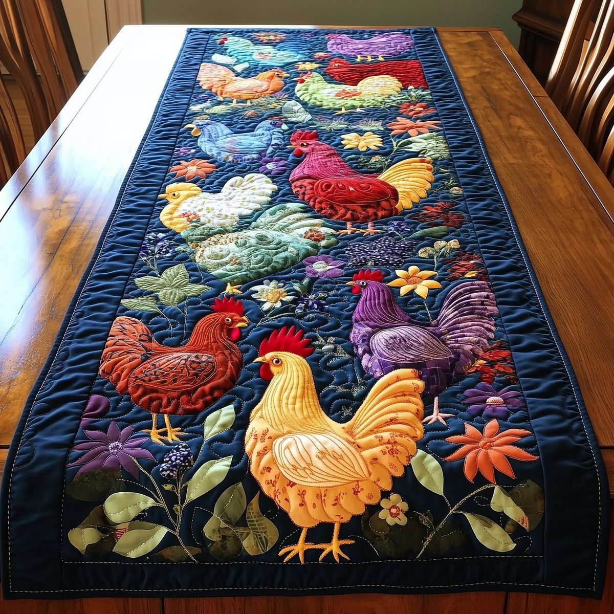 Colorful Chickens on Deep Blue Table Runner - Made to Order TABLE928