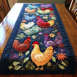 Colorful Chickens on Deep Blue Table Runner - Made to Order TABLE928