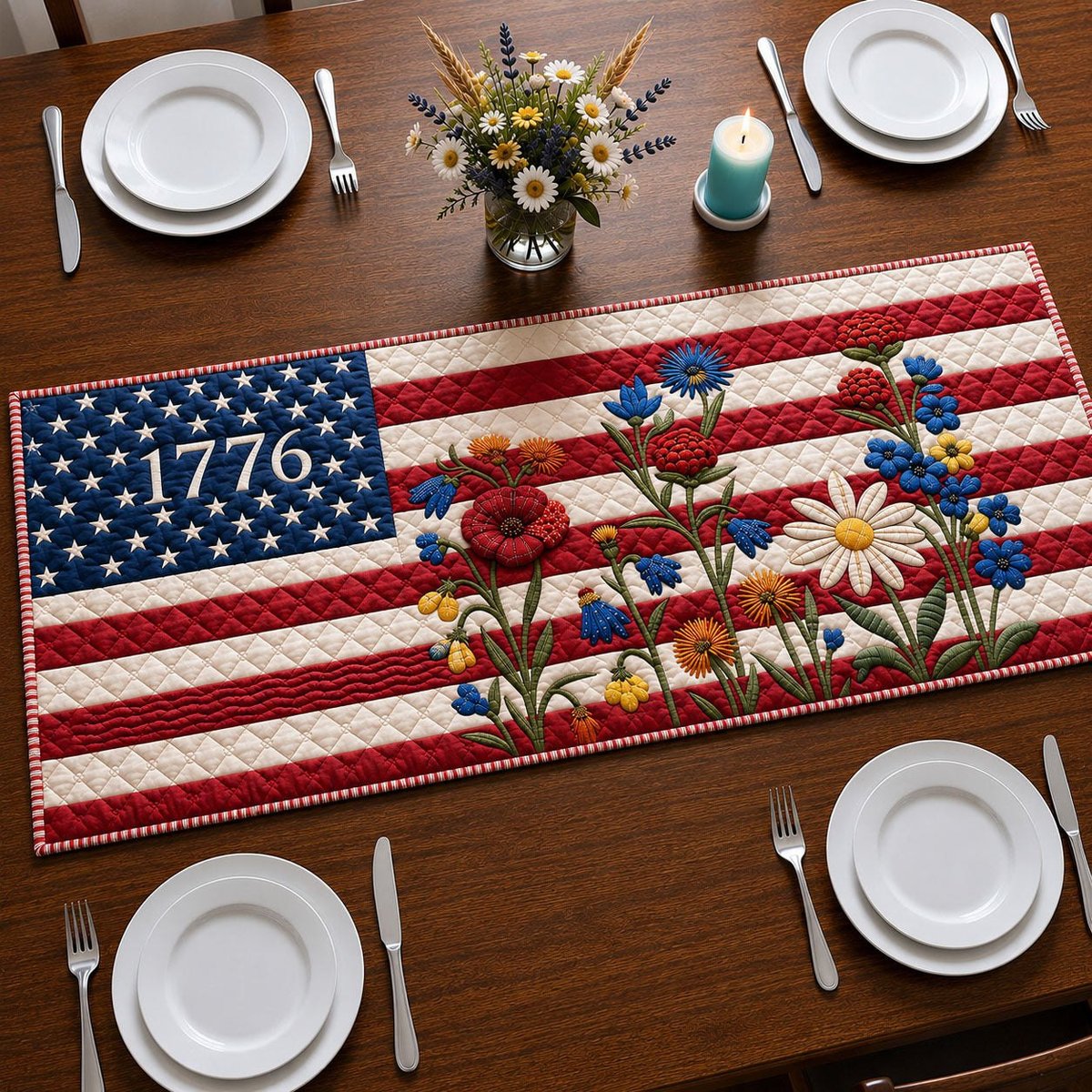Classic America Flag Flowers Table Runner - Made to Order TABLE928