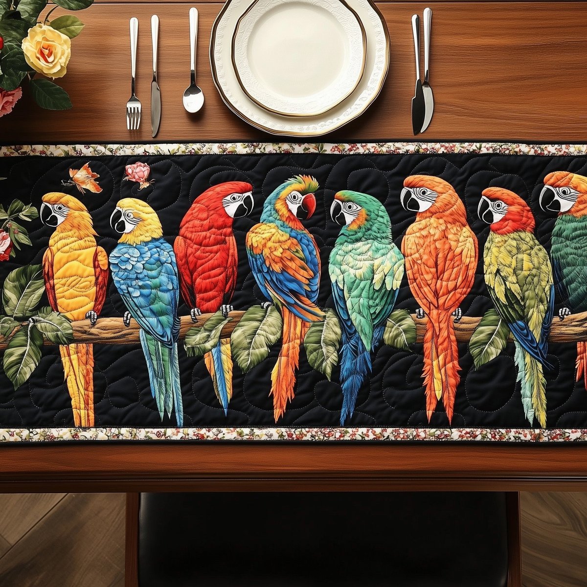 Colorful Parrots on Black Border Table Runner - Made to Order TABLE928