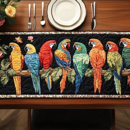 Colorful Parrots on Black Border Table Runner - Made to Order TABLE928