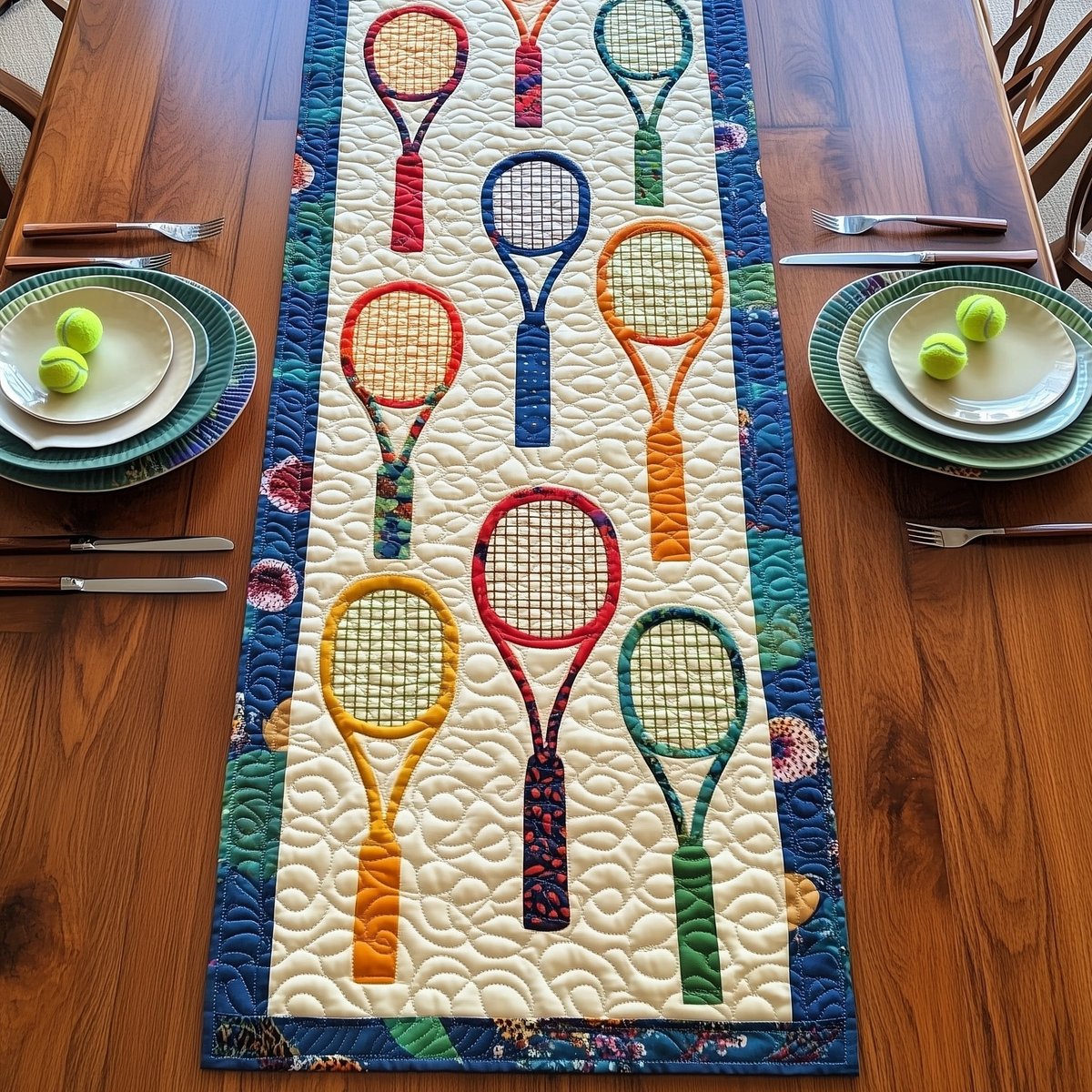 Colorful Tennis Rackets on Cream Table Runner - Made to Order TABLE928