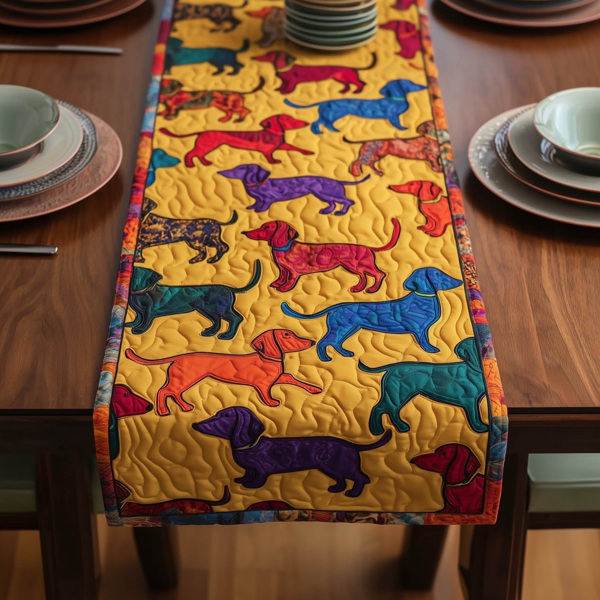 Colorful Dachshunds on Yellow Panel Table Runner - Made to Order TABLE928