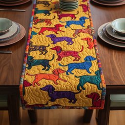 Colorful Dachshunds on Yellow Panel Table Runner - Made to Order TABLE928
