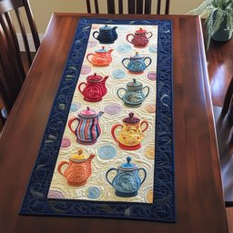 Colorful Teapots on Blue Border Table Runner - Made to Order TABLE928
