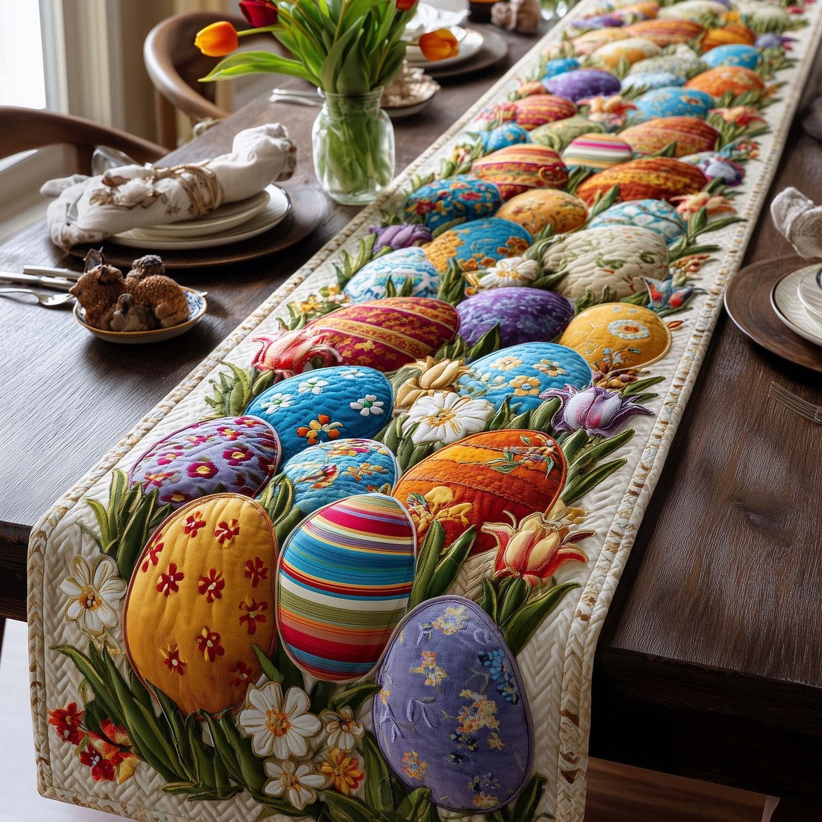 Colorful Eggs Among Spring Flowers Table Runner - Made to Order TABLE928