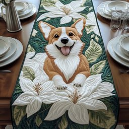 Corgi with White Magnolia Blooms Table Runner - Made to Order TABLE928