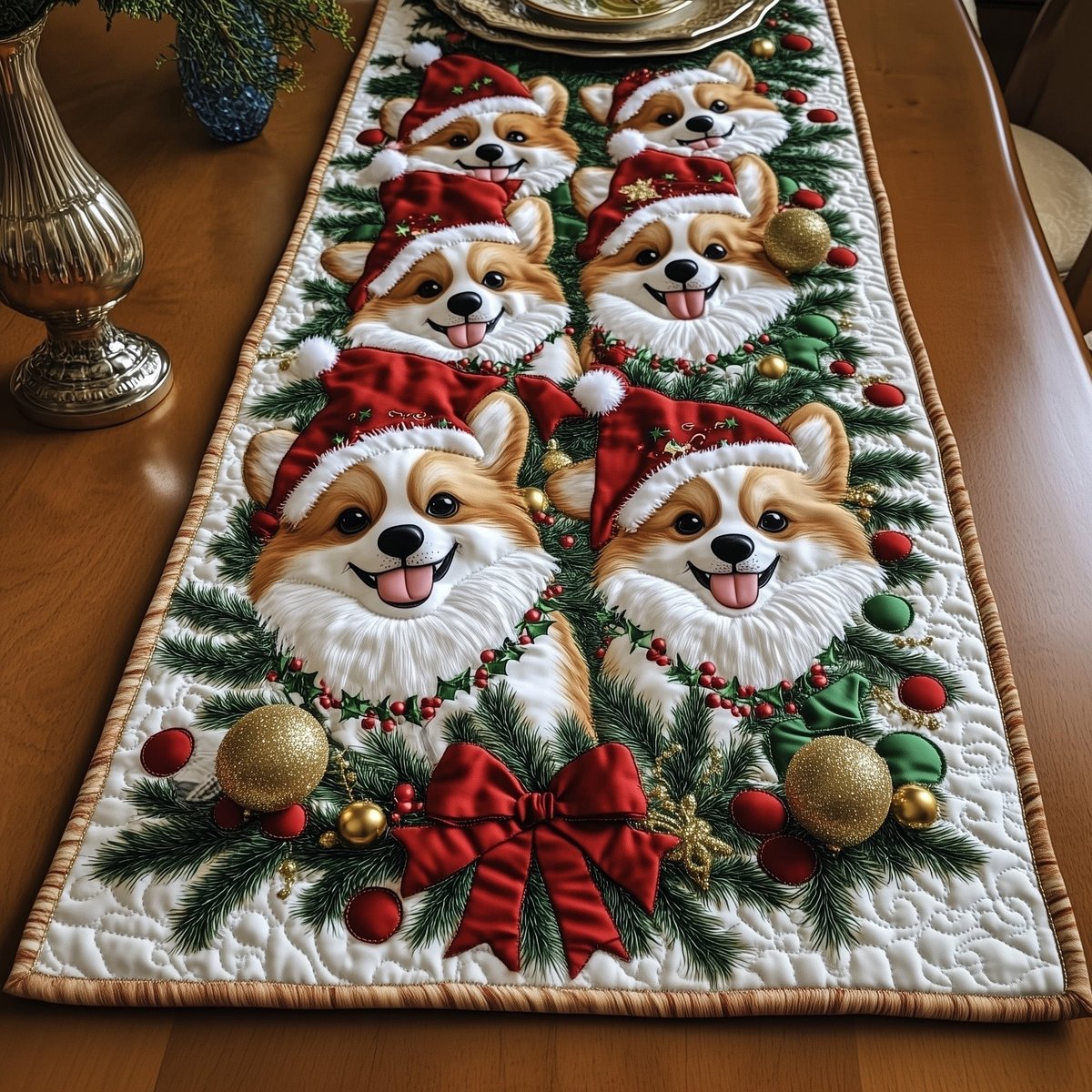Corgis with Christmas Ornaments Table Runner - Made to Order TABLE928