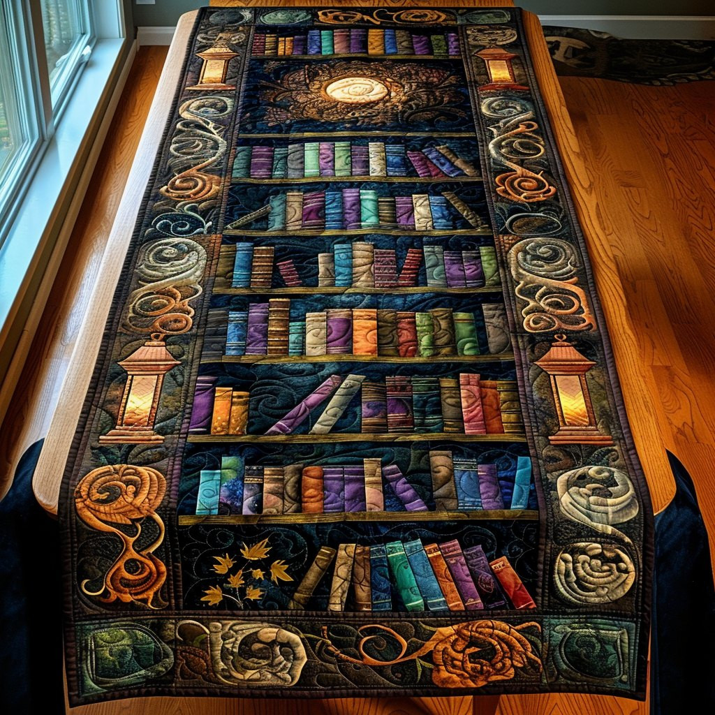 Colorful Bookshelf with Lanterns Table Runner - Made to Order TABLE928