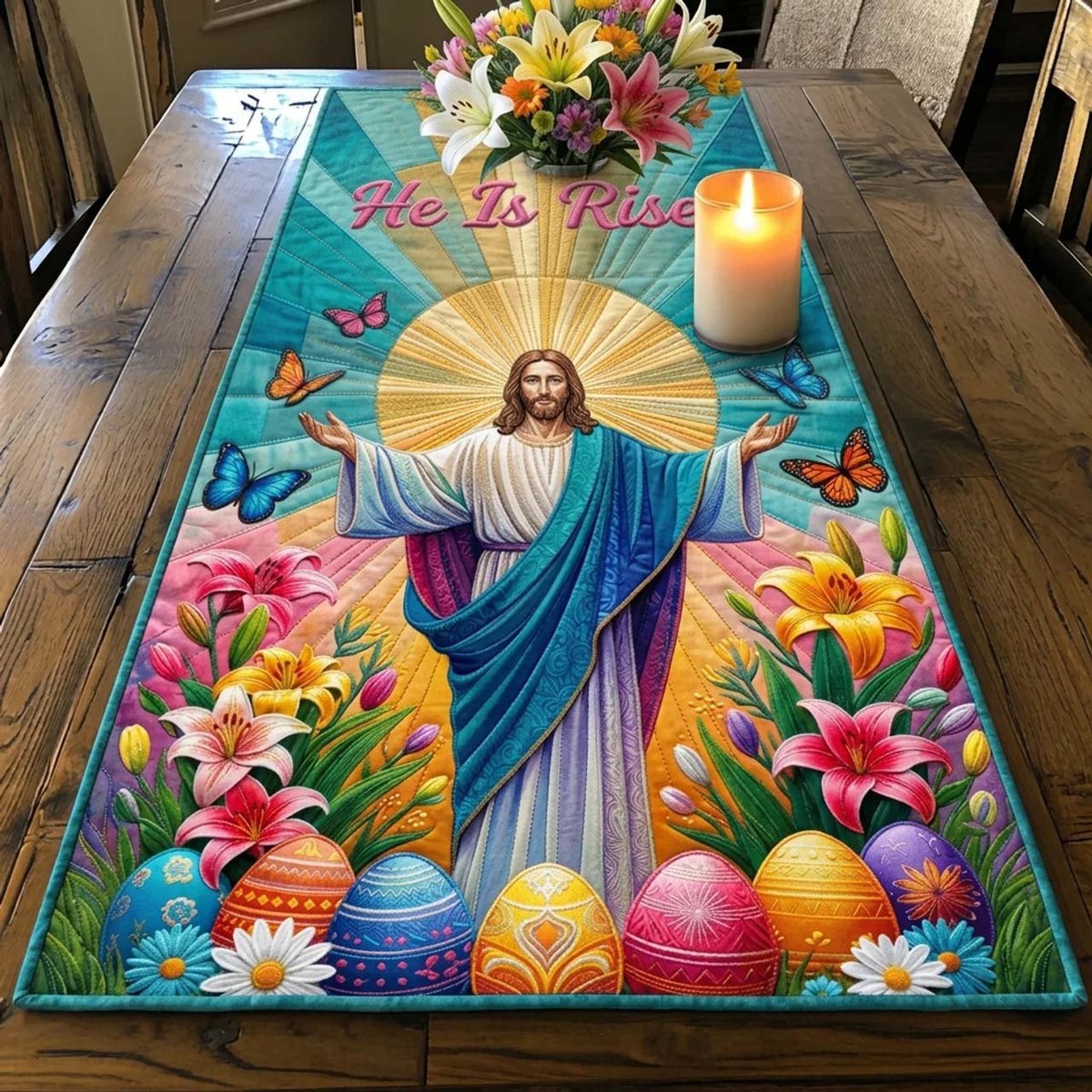 Christ with Butterflies and Easter Eggs Table Runner - Made to Order TABLE928