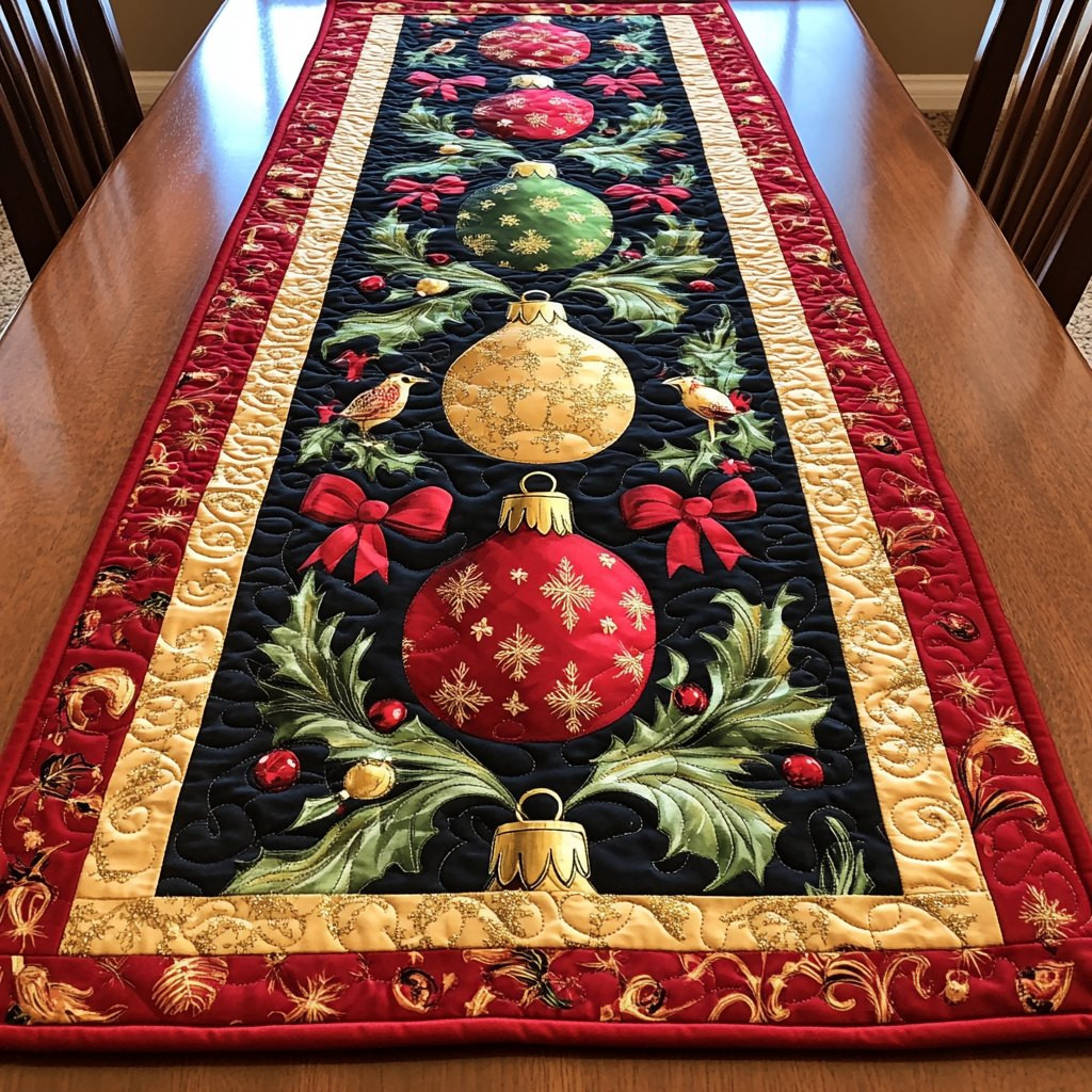 Christmas Ornament with Holly Sprigs Table Runner - Made to Order TABLE928
