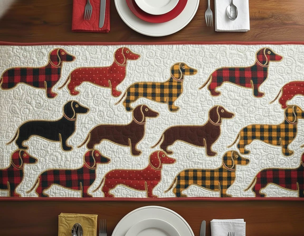 Checkered Dachshunds on White Table Runner - Made to Order TABLE928