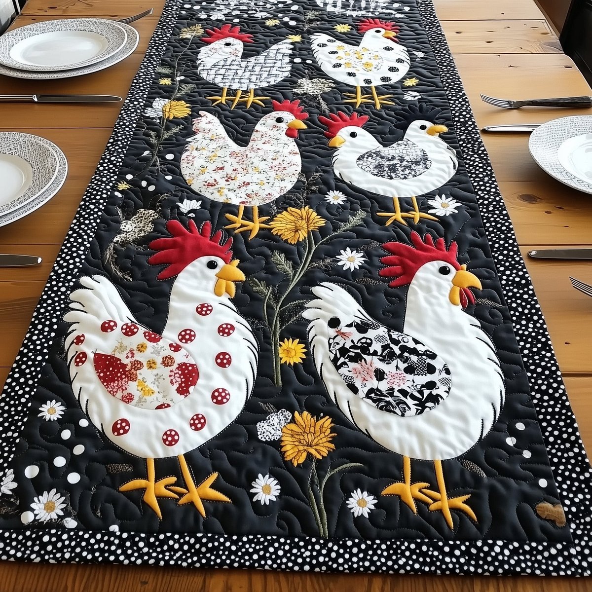 Chickens with Daisies on Black Table Runner - Made to Order TABLE928