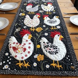 Chickens with Daisies on Black Table Runner - Made to Order TABLE928