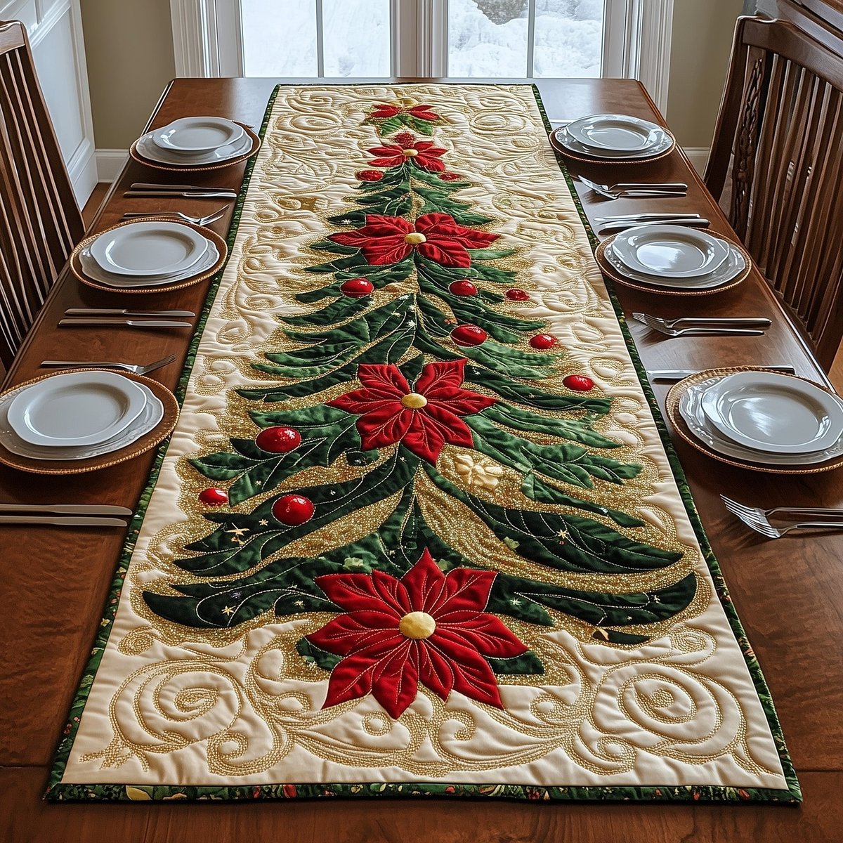 Christmas Tree with Red Poinsettia Table Runner - Made to Order TABLE928