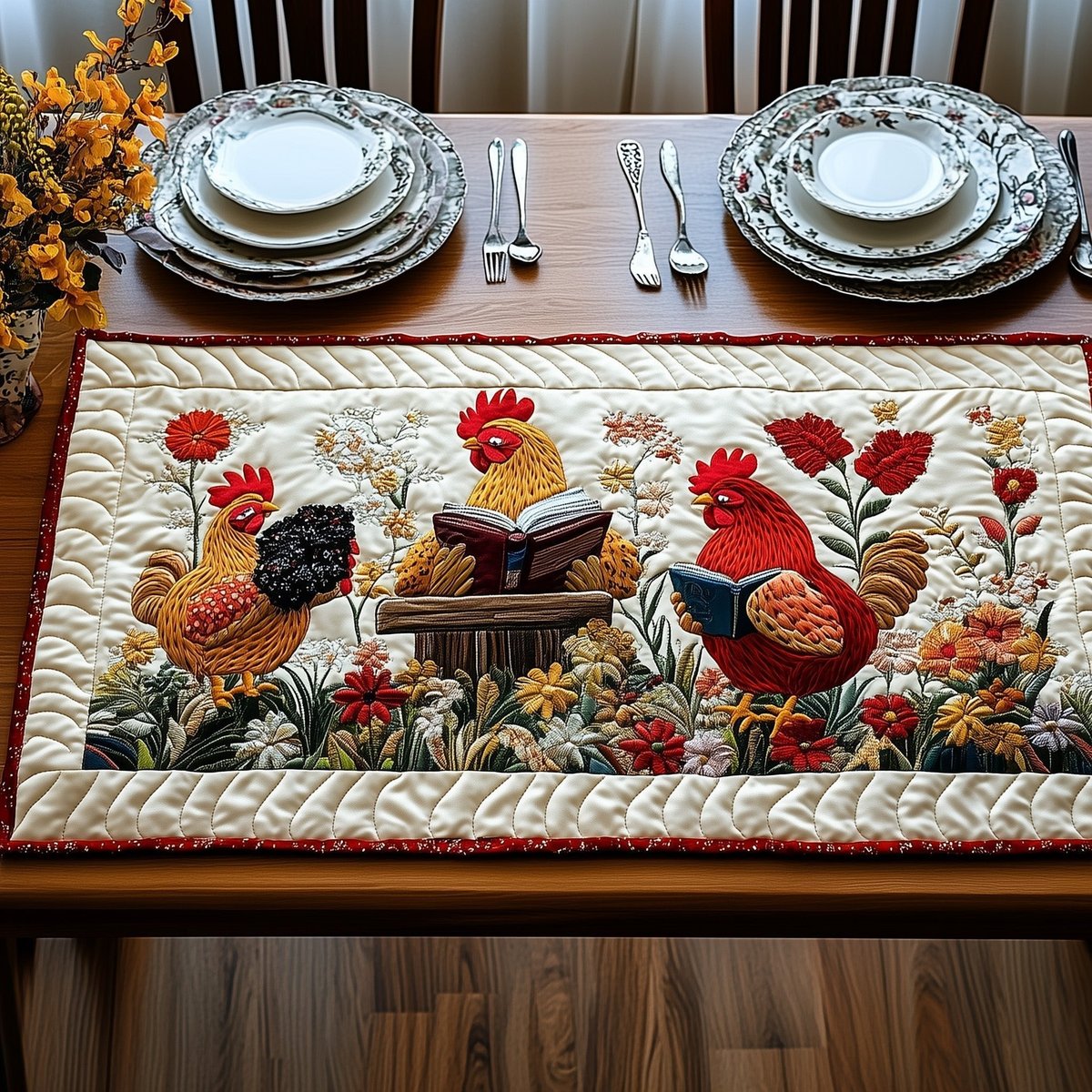 Chickens with Book and Red Poppies Table Runner - Made to Order TABLE928
