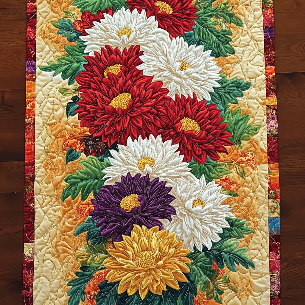 Chrysanthemums in Red White and Purple Table Runner - Made to Order TABLE928