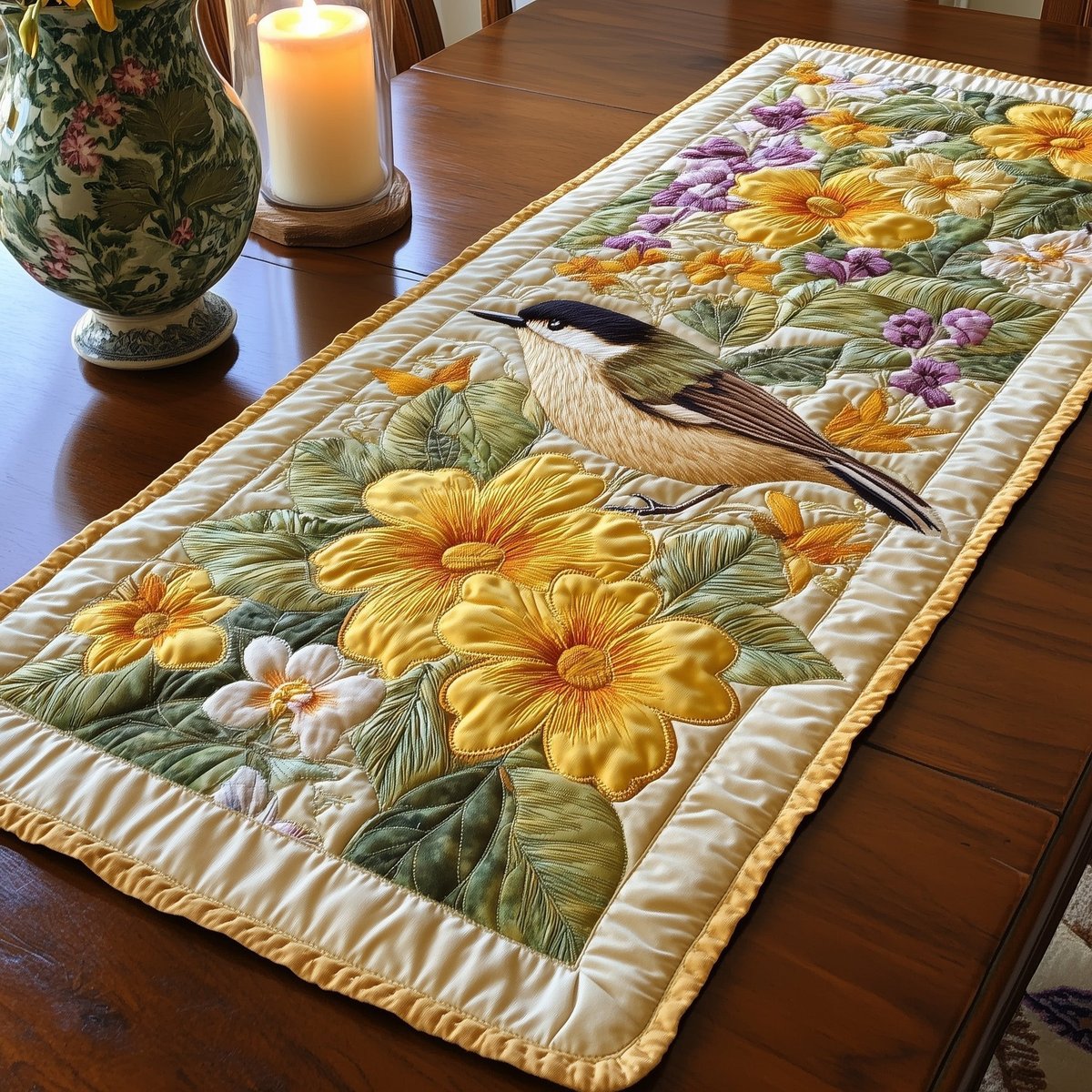 Chickadee Among Yellow and Purple Flowers Table Runner - Made to Order TABLE928