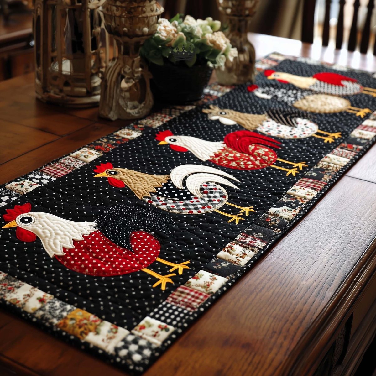 Chickens on Black with Red Trim Table Runner - Made to Order TABLE928