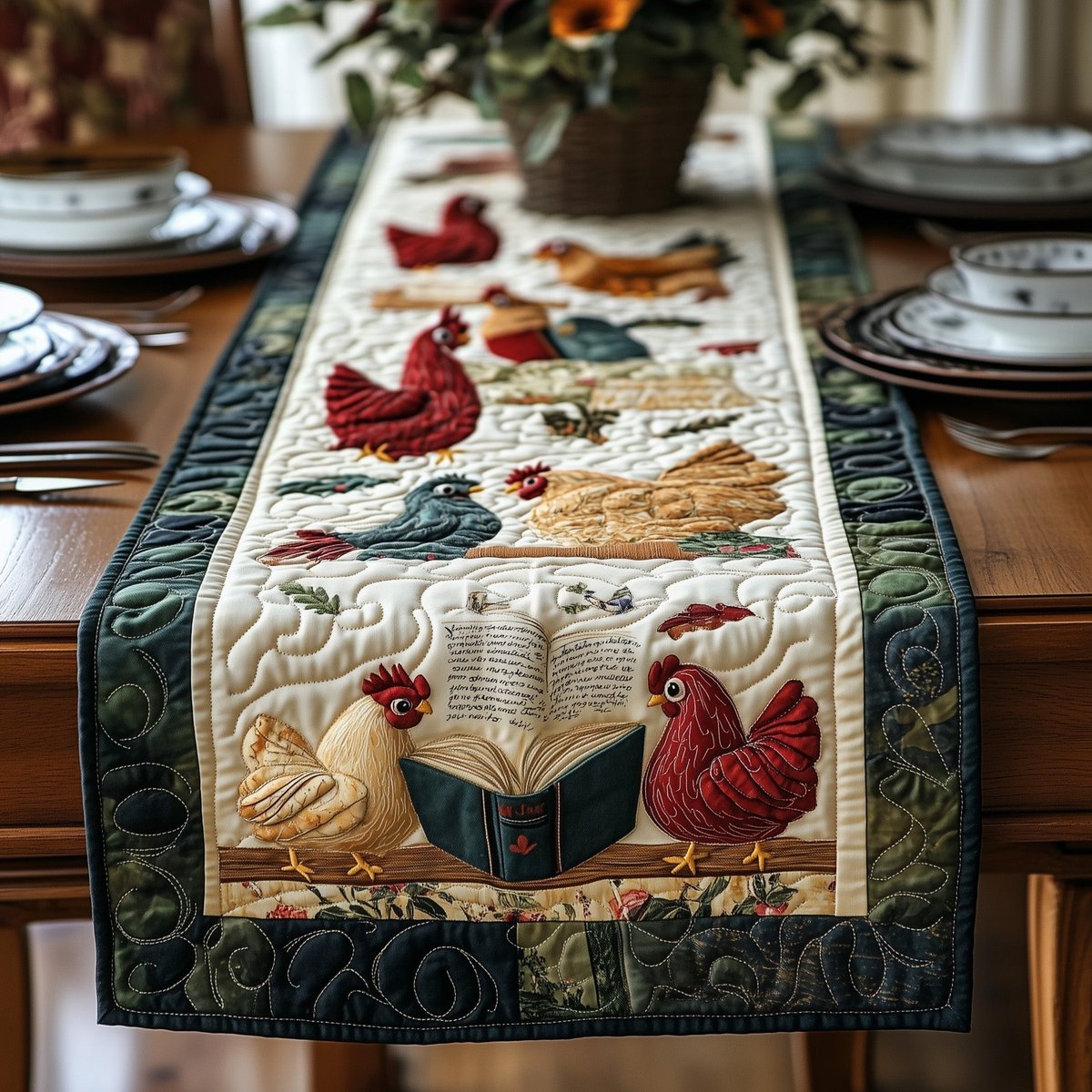 Chickens with Book on Teal Border Table Runner - Made to Order TABLE928