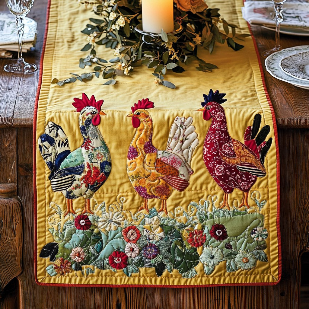 Chickens with Flowers on Yellow Table Runner - Made to Order TABLE928