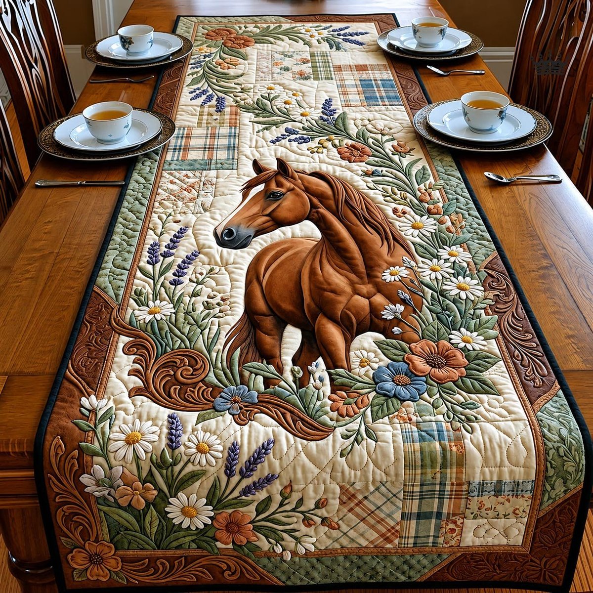 Chestnut Horse with White Daisies Table Runner - Made to Order TABLE928