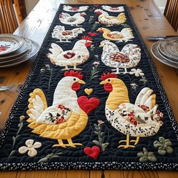 Chickens with Red Hearts on Black Table Runner - Made to Order TABLE928