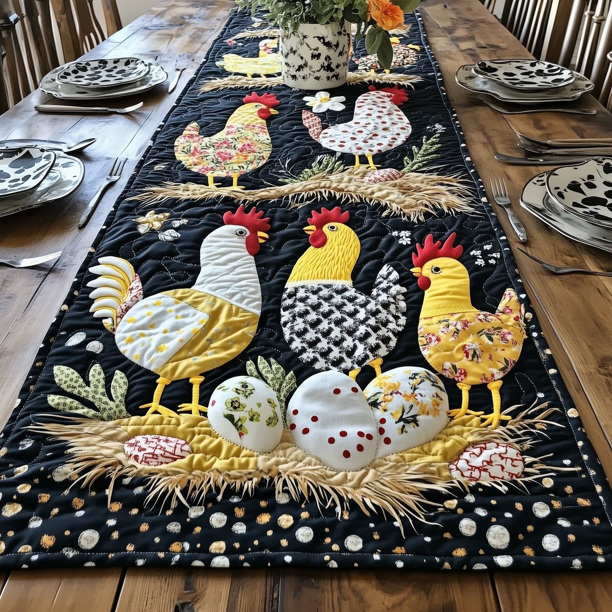 Chickens with Speckled Eggs in Straw Table Runner - Made to Order TABLE928