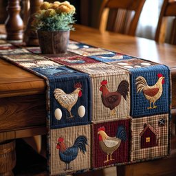 Chickens and Eggs in Blue Blocks Table Runner - Made to Order TABLE928