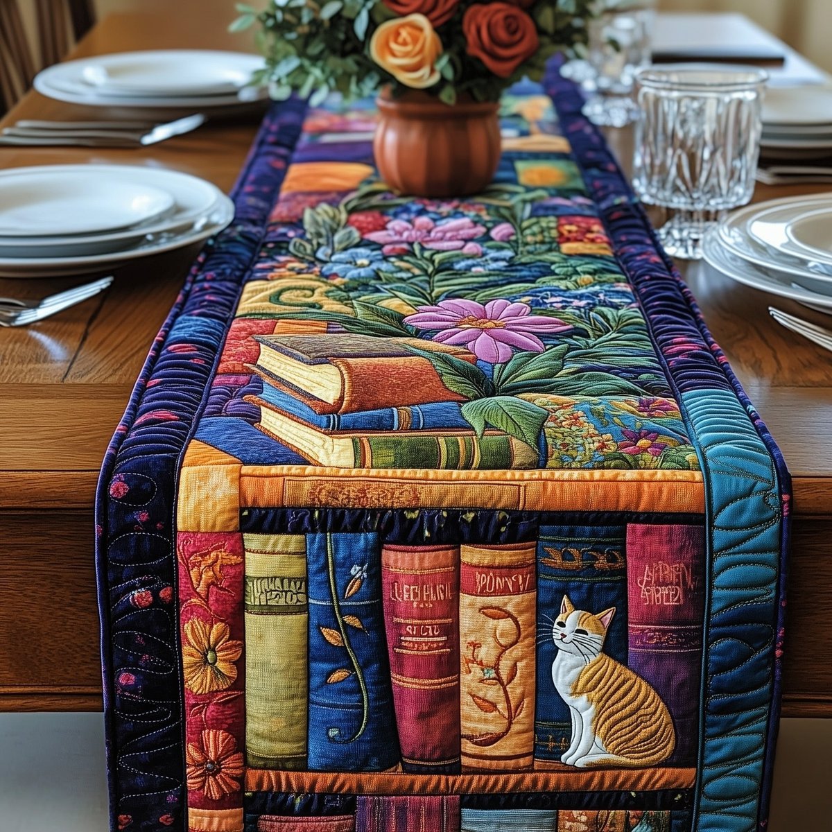 Cat Beside Books and Flowers Table Runner - Made to Order TABLE928