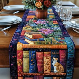 Cat Beside Books and Flowers Table Runner - Made to Order TABLE928